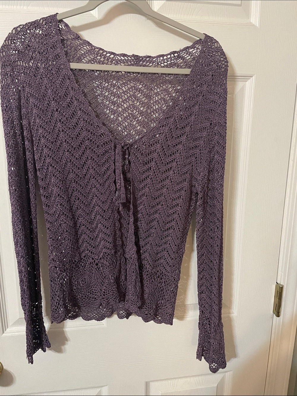Crochet Open-Knit Purple V-Neck Cardigan Sweater